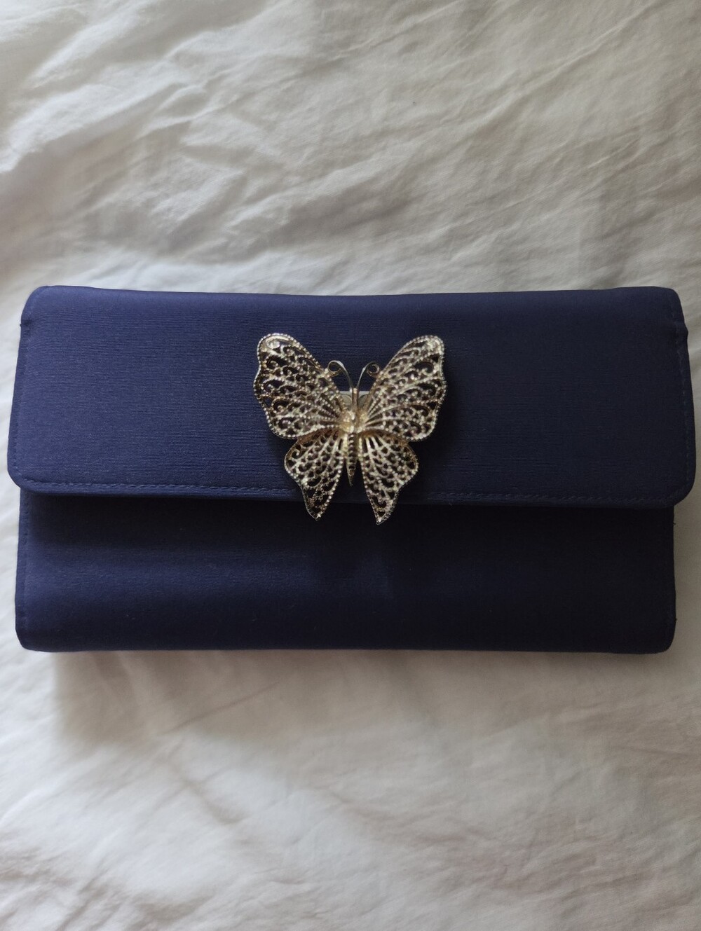Vintage Mundi Navy Blue Satin Evening Clutch Removable Gold-Tone Butterfly